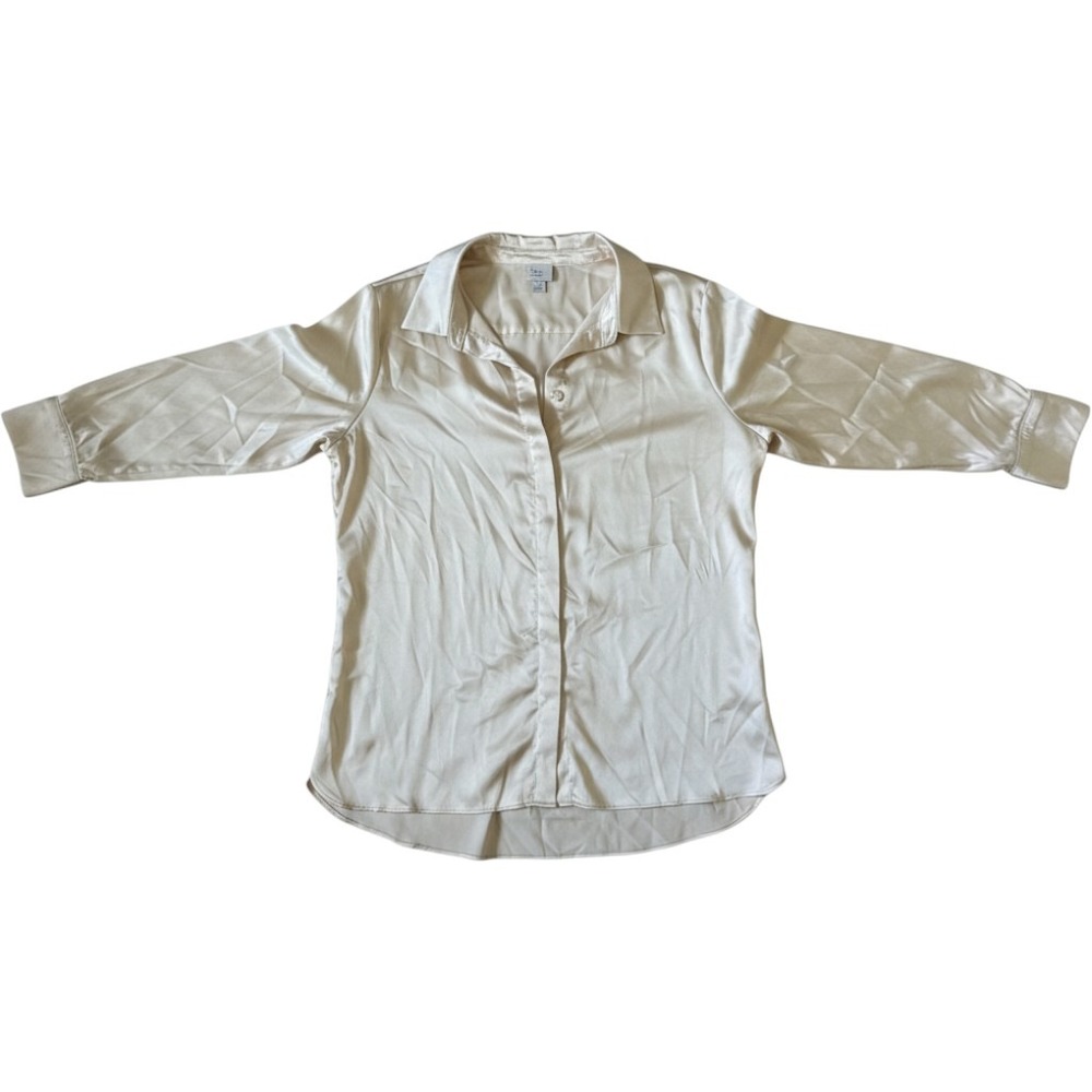 A New Day Champagne Satin Hidden Button Blouse Long Sleeve Size L